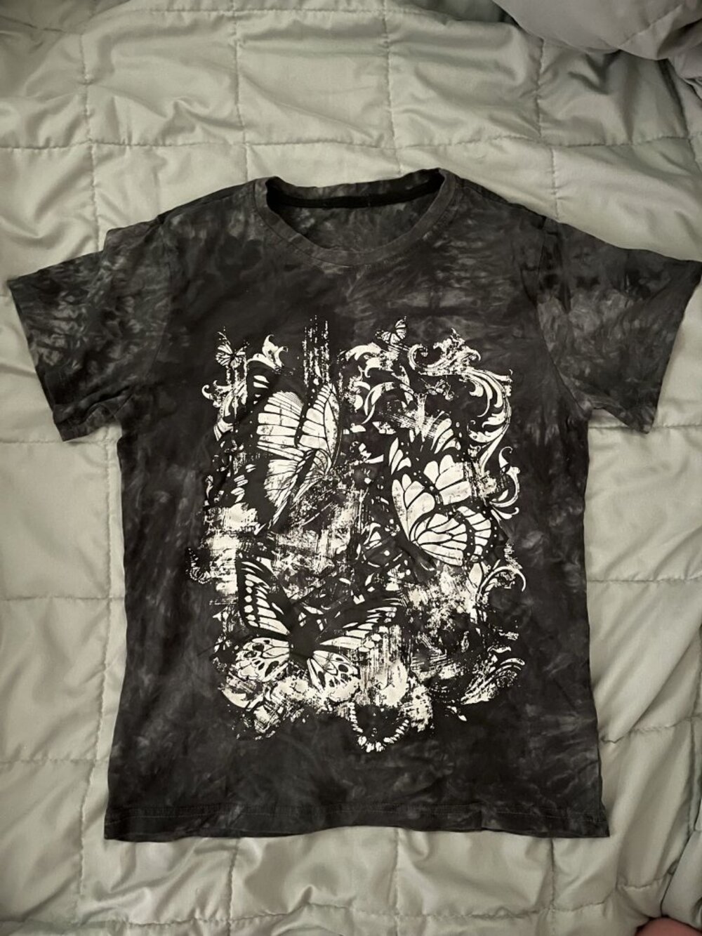 Grunge graphic Tie-Dye Tee with White Butterflies and Flourishes